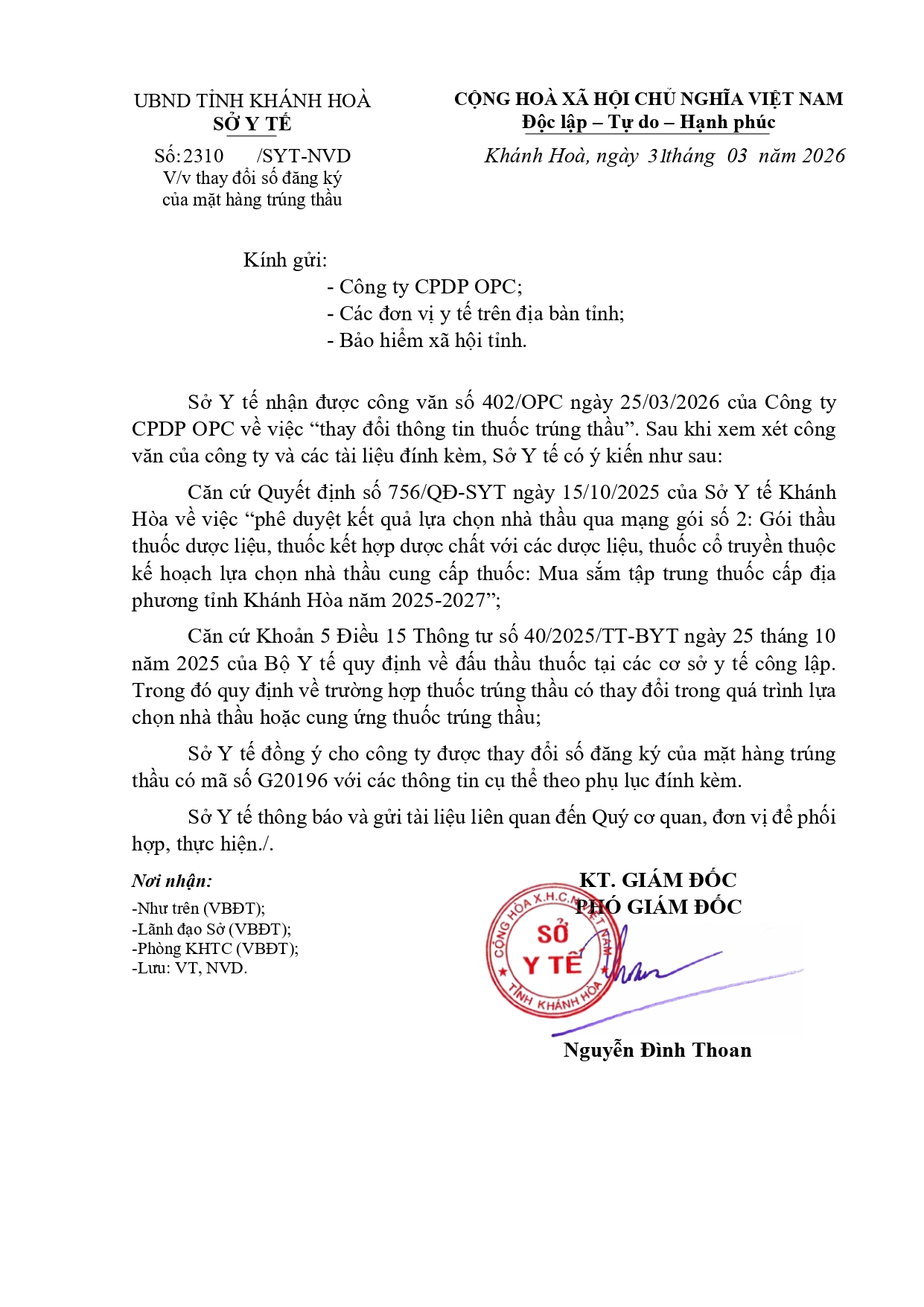 V/v thay đổi số đăng ký của mặt hàng trúng thầu